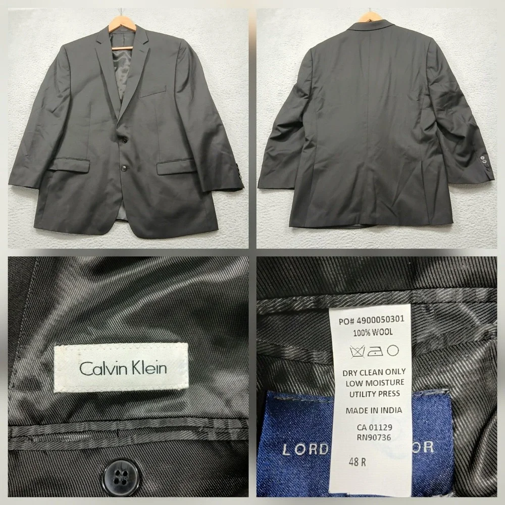 Calvin‎ Klein Blazer Mens 48R Charcoal Gray 100% Wool Two Button Jacket